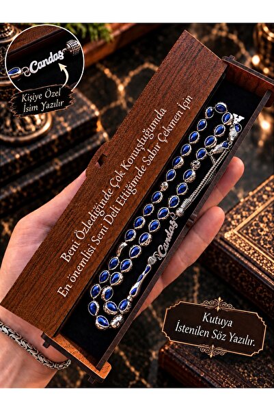 KANUNİ TESBİH Mavi Mine İşlemeli Harf Ve Gümüş İsim Detaylı Metal Tesbih