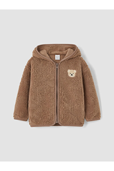 LC Waikiki Vizyon New Season Brown Hooded Embroidered Plush Baby Boy Cardigan