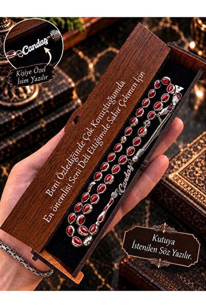 KANUNİ TESBİH Metal Prayer Beads with Red Enamel Embroidered Letter and Silve...