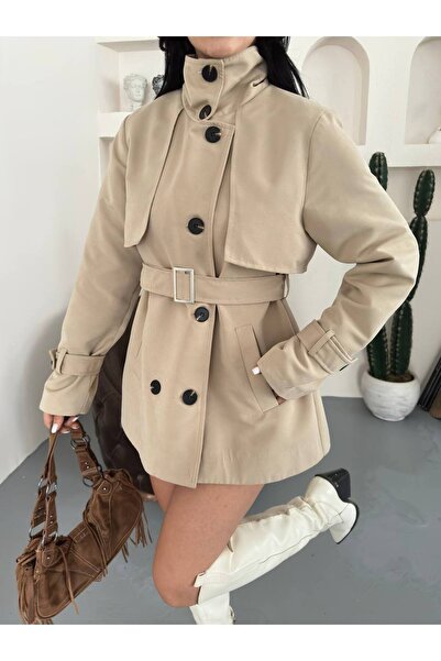 VESS MODA Stand-Up Collar Belt Buckle Detail Seasonal Medium Length Trench Coat