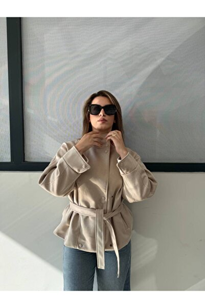 D'RECCY Women's Standing Collar Oversize Suede Jacket with Belt at the Waist
