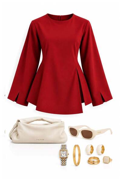 MELEK ARAZ Premium Slit Detailed Tie-Back Blouse - Red