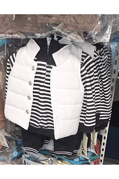 Bilge Trend ERKEK BEBEK ÇİZGİLİ KAPÜŞONLU SWEAT , ŞİŞME YELEK , PANTOLON 3 PARÇA KIŞLIK TAKIM
