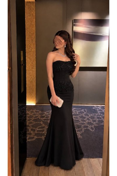 Calissa Store Black Mermaid Maxi Gown Evening Dress with Beaded Corset