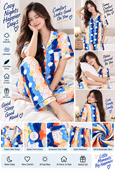 Lovisah Styles Women’s Floral Heart Print Pajama Set, 2-Piece Short Sleeve Button-Front Sleepwear with Collared Top and Long Pants, Cute Lounge Wear for Home