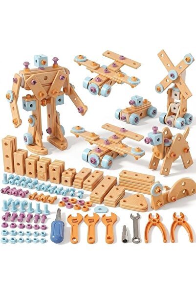 MIANQIONGFENG Wooden Building Toys 124 Pcs, STEM Tool Kit Set