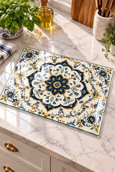Generic Brand Glass Cutting Board with Iznik Tile Theme - Glass Cutting Board |   20cm X 30cm
