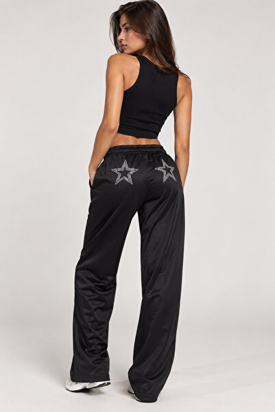Rue Lora Butik Women's Black Wide-Leg Sweatpants with Stone Star Detail