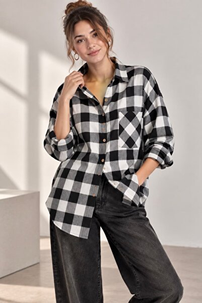 bb butik basic Kadın Ekose Gömlek Oversize Oduncu Gömlek Uzun Kollu Cepli Gün...