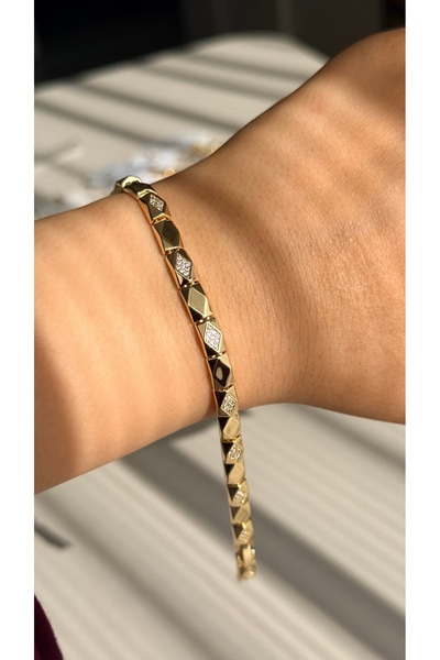 14K VIP ALTIN KAPLAMA ZİRKON TAŞLI BLOK KESİM GOLD ÇELİK BİLEKLİK