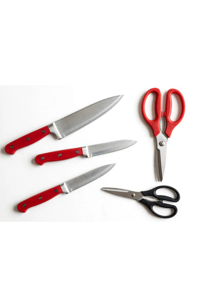 Generic 5 Pcs Kitchen Tool Set - 3 Red Handle Stainless Steel Knives + 2 Kitc...