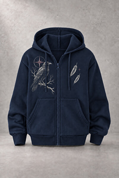 EVIus Unisex Raven Printed Three-Yarn Combed Cotton Fabric Hooded Zippered Na...