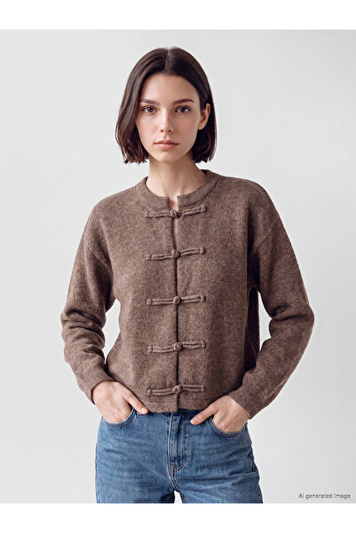 LC Waikiki Lcw Modest Brown Knitwear Plain Short Women's Cardigan with Nevavm...