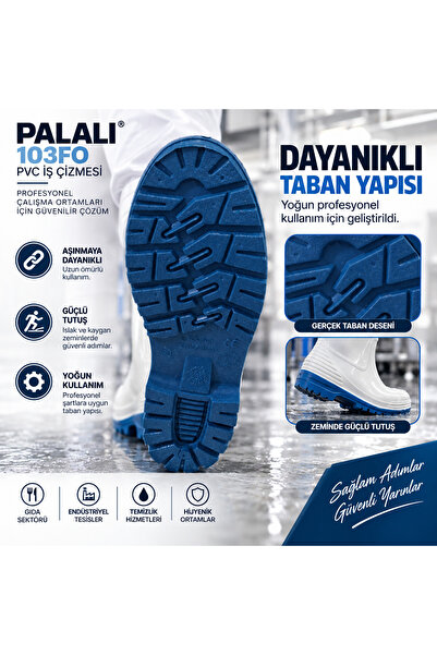 PALALI 103FO Kısa Beyaz PVC Su Geçirmez İş Çizmesi Gıda Hijyen Sanayi Mutfak Çizmesi