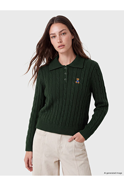 LC Waikiki Vizyon New Season Green Polo Collar Patterned Women's Knitwear Swe...