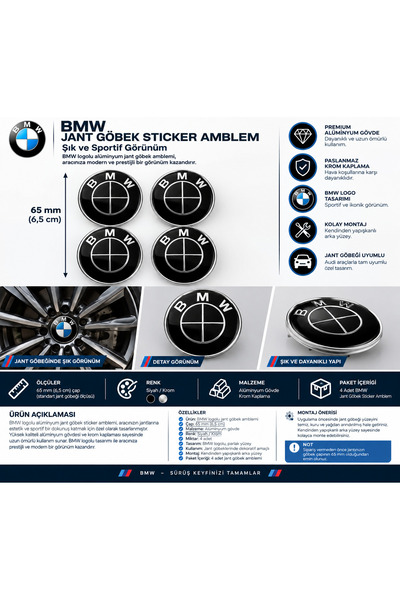 İKTUNING BMW 65 MM SİYAH GÜMÜŞ RENK JANT GÖBEK STICKER AMBLEM – 4 ADET