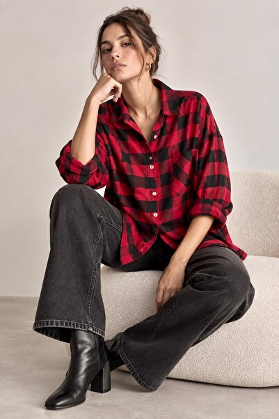 bb butik basic Kadın Ekose Gömlek Oversize Oduncu Gömlek Uzun Kollu Cepli Gün...