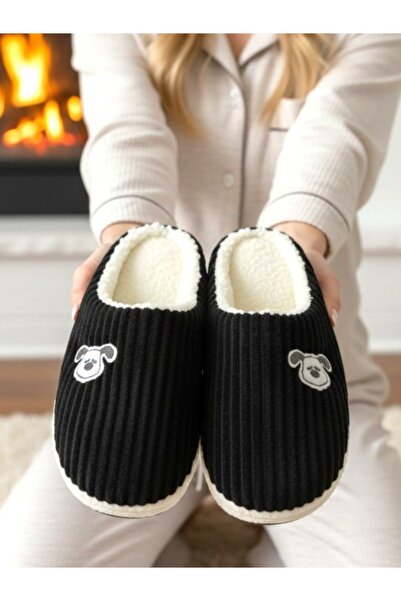 MARKABONİ Women's Black Orthopedic House Slippers with Wool Inside, Silent, S...
