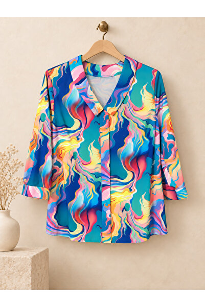 Generic Brand Bluză damă elegantă cu imprimeu abstract, guler decorativ și mâ...