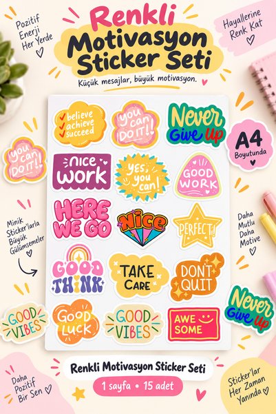 Hanelia Art Renkli Motivasyon Sticker Seti 15 Adet 1 Sayfa – Defter, Planlayı...