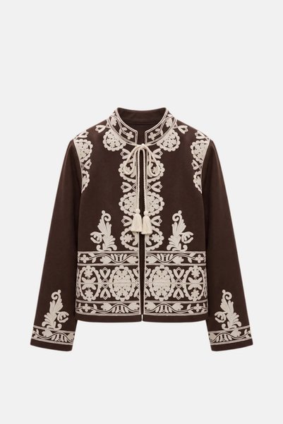 QUREKLİ Women's Brown Judge Collar Embroidered Tasseled Regular Fit Jacket