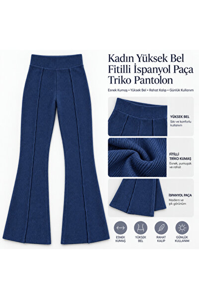 Çimen Spor Giyim Kadın Yüksek Bel Fitilli İspanyol Paça Triko Pantolon