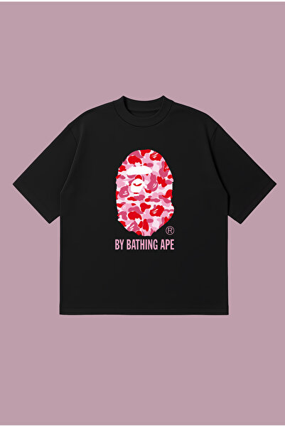 PURE POWER Bape Pembe Baskılı Oversize Boxy Kesim Unisex %100 Pamuklu Tshirt ...