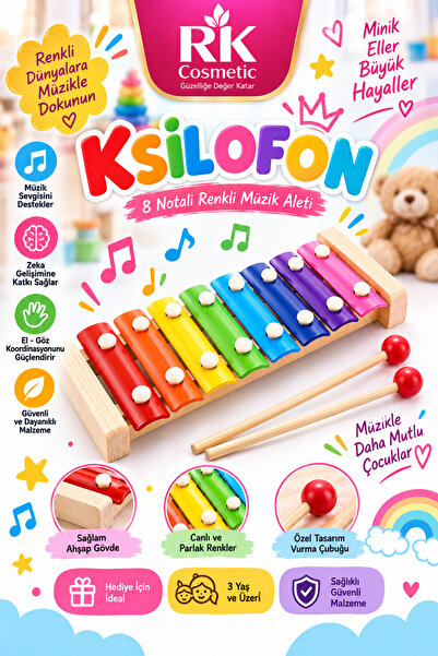 RK Cosmetic 8 Notalı Renkli Ahşap Ksilofon Çocuk Müzik Aleti 2 Tokmaklı