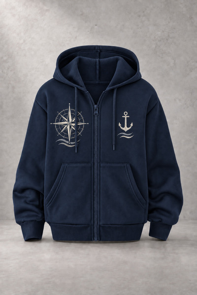 EVIus Unisex Compass Anchor Printed Three Thread Combed Cotton Fabric Hooded ...