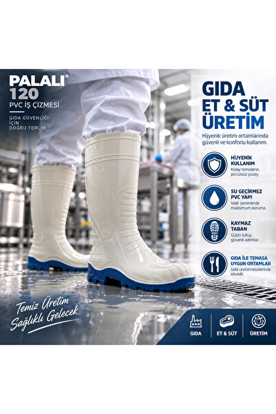 PALALI 120 Beyaz PVC Su Geçirmez İş Çizmesi Asit Baz Dirençli Kaymaz Tabanlı Gıda Hijyen Sanayi Çizmesi