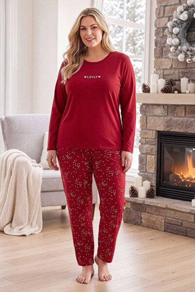 PİJAPİA Women's Lovely Patterned Large Size Long Sleeve Pajama Set Red 100% C...