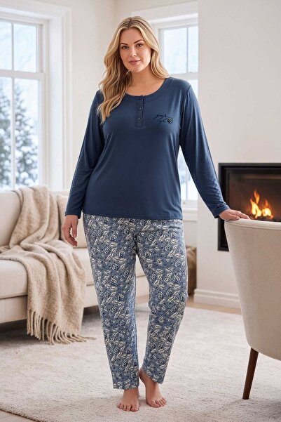 PİJAPİA Women's Plus Size Flexible Modal Long Sleeve Pajama Set Navy Blue