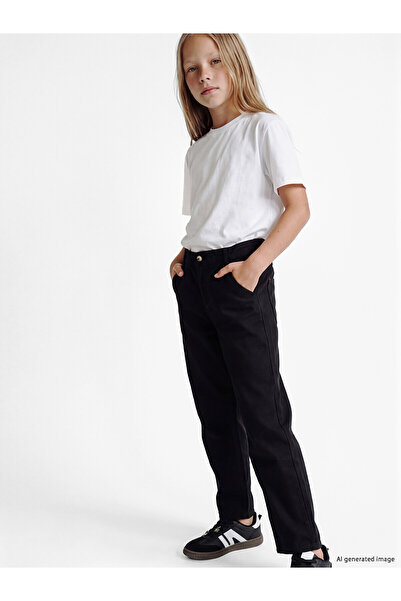 LC Waikiki Lcw Kids Black Regular Fit Girls Gabardine Trousers with Nevavm Di...