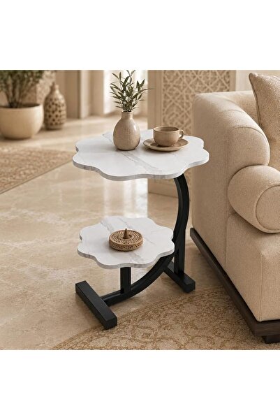 FEELSO Compact 2-Tier Side Table Flower Design for Coffee & Drinks White