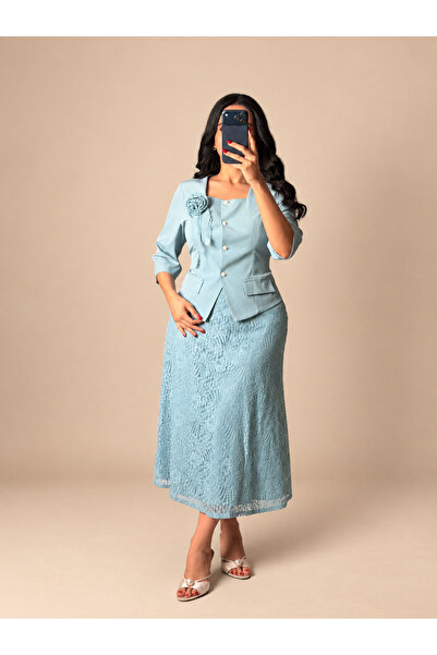 Rose Women's Sky Blue Set with Fitted Jacket and Lace Skirt