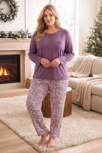 PİJAPİA Women's Plus Size Stretchy Modal Long Sleeve Pajama Set Purple