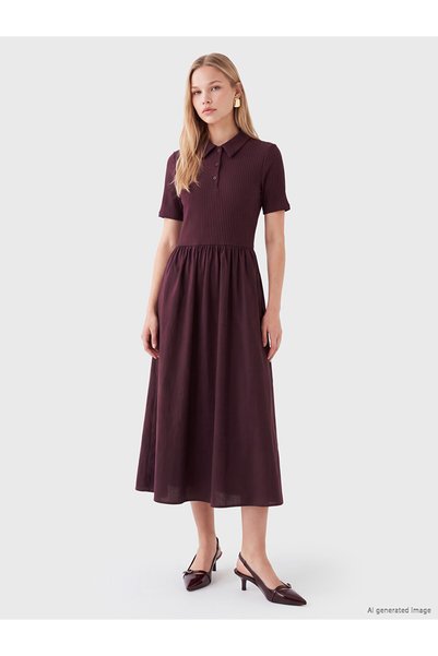 LC Waikiki Two Mt Shop Quality Lcw Vision Plum Camisole Plain Narrow & Slim Shirt Collar Midi Dress