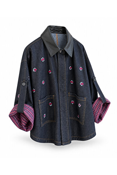 LOKADI Women's Leather Collar Floral Embroidery Oversized Denim Jacket Plaid ...