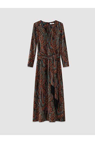 LC Waikiki Lcw Vision Brown Patterned Standard & Regular V-Neck Long Dress wi...
