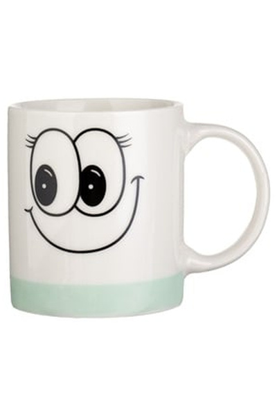 OEM White Ceramic Mug Pink Mint Green Smile Face 315ml