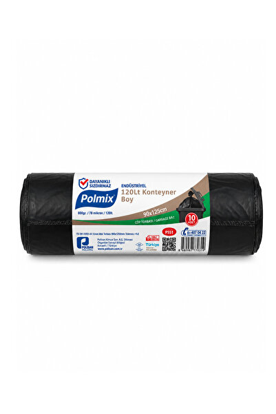 Polmix Endüstriyel 120 Lt Konteyner Boy Çöp Torbası 90x125 cm 78 Mikron 800 gr 10 Adet Dayanıklı Sızdırmaz