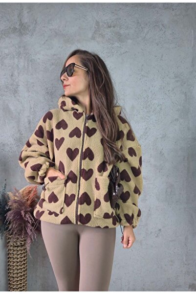 Butik Kalp Desenli Kapüşonlu Oversize Peluş Mont