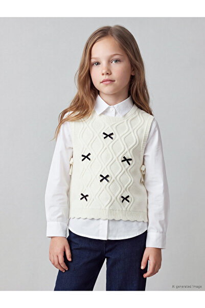 LC Waikiki Lcw Kids Ecru Knitwear Embroidered Girls' Sweater with Nevavm Diff...