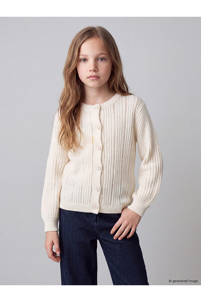 LC Waikiki Lcw Kids Ecru Knitwear Plain Girls' Cardigan with Nevavm Difference