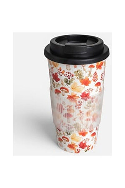 OEM Pahar cu Capac pentru Cafea din Plastic Alb cu Frunze Portocalii 450ml