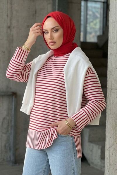 Modestim Tesettür Kadın Çizgili Oysho Kumaş Rahat Kalıp Trend Tesettür Tunik ...