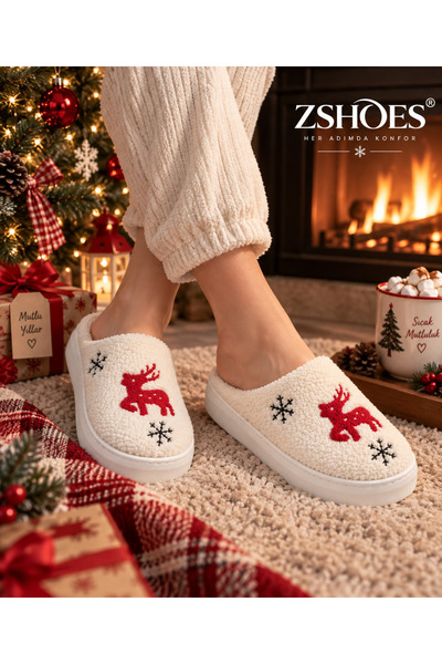 ZSHOES نعال منزلية شتوية خفيفة الوزن من القطيفة المزخرفة ومضادة للانزلاق (تفاصيل خاصة بعيد الميلاد)