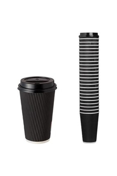 OEM Pahare de Carton Negre Ripple Intarite cu Capac Negru 480ml - 25buc