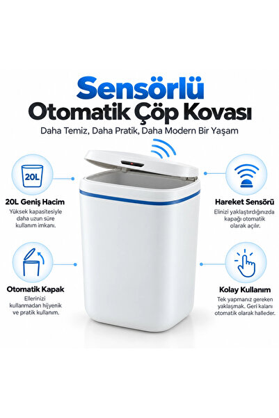 Eco Lounge 20 Litre Sensörlü Temassız Otomatik Çöp Kovası Beyaz