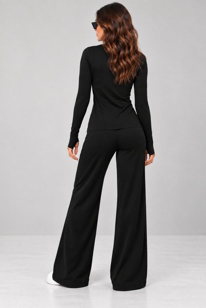 LEONE KOLEKSİYON Women's Polyamide 4-Way Stretch Finger-Loop Body Wide-Leg Pants Two-Piece Set